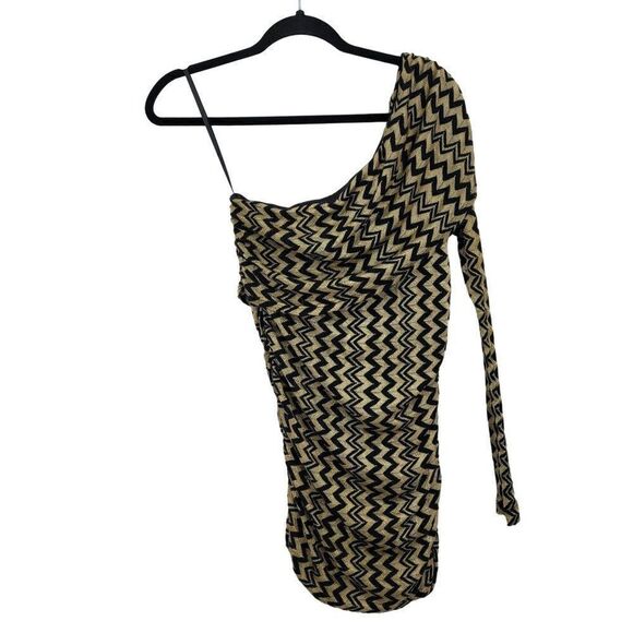 Arden B One Shoulder Mini Bodycon Dress S Black Gold Chevron Knit Overlay - Picture 2 of 9
